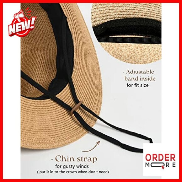 Wide Brim Straw Panama Fedora Hat UPF 80 Sun Protection Foldable main image 7